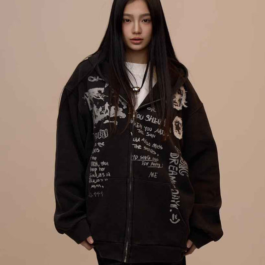 Women's Letter Printed Black Hoodie MuddyStock
