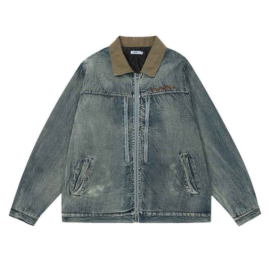 Color Stitching Turnover Neck Denim Jacket For Men And Women Blue