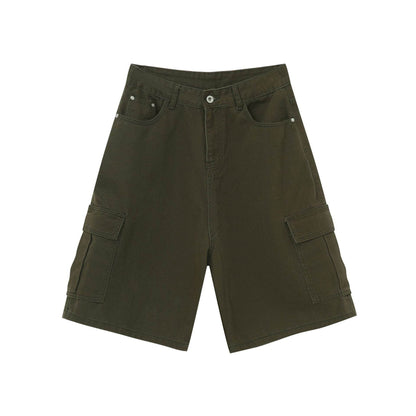 Straight Wide-leg Denim Shorts For Men And Women Army Green MuddyStock