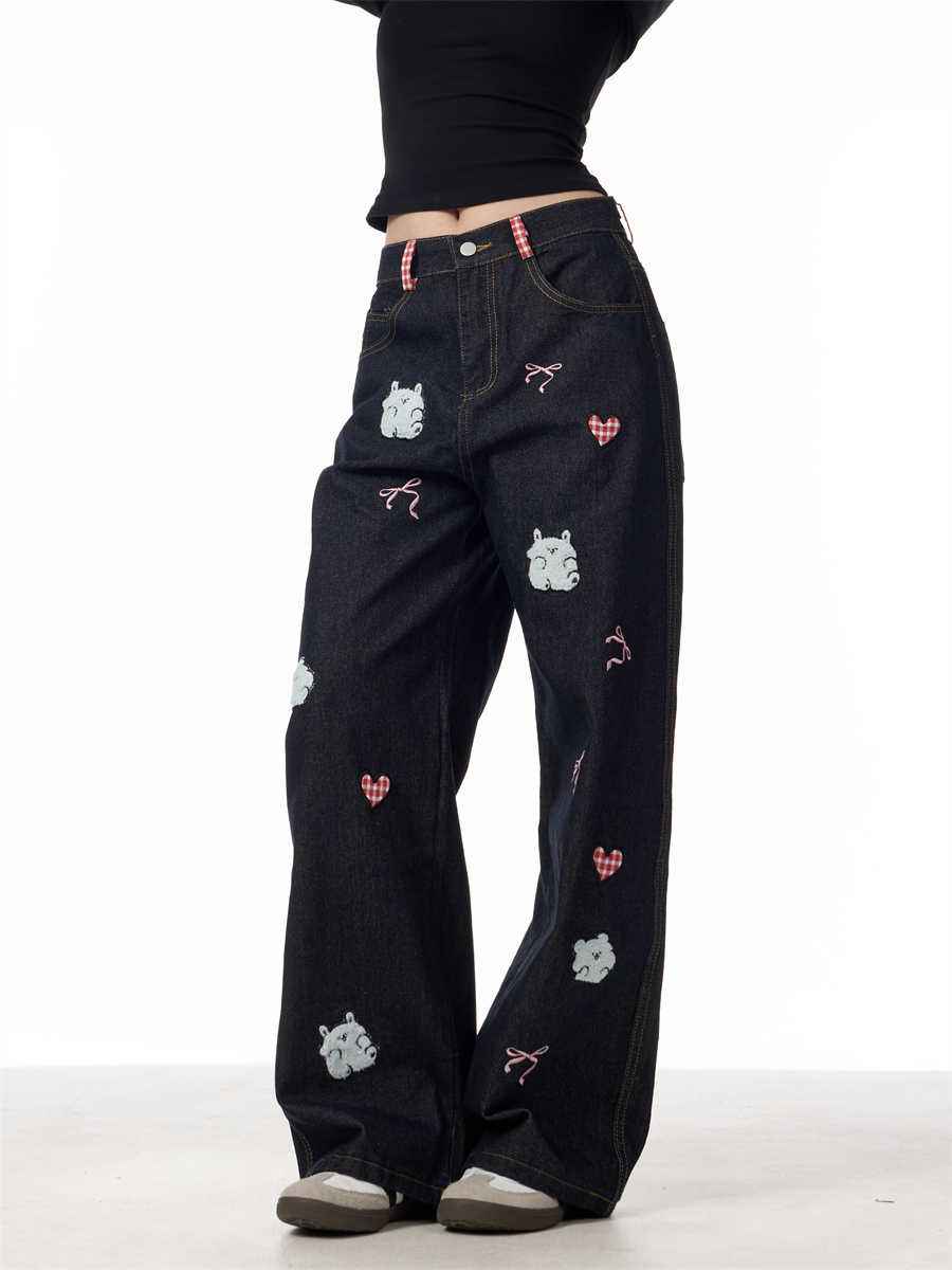 Lamb Embroidery Retro Straight-leg Pants For Women Black MuddyStock