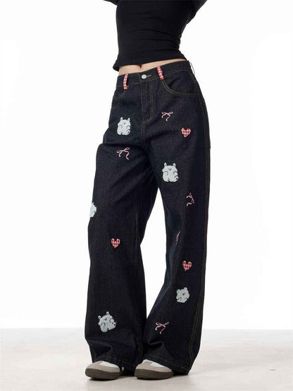 Lamb Embroidery Retro Straight-leg Pants For Women Black MuddyStock