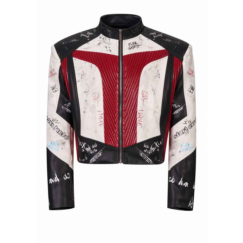 Short Stand-up Collar Graffiti Leather Jacket For Men Black And Red null
