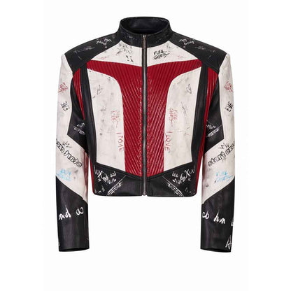 Short Stand-up Collar Graffiti Leather Jacket For Men Black And Red null