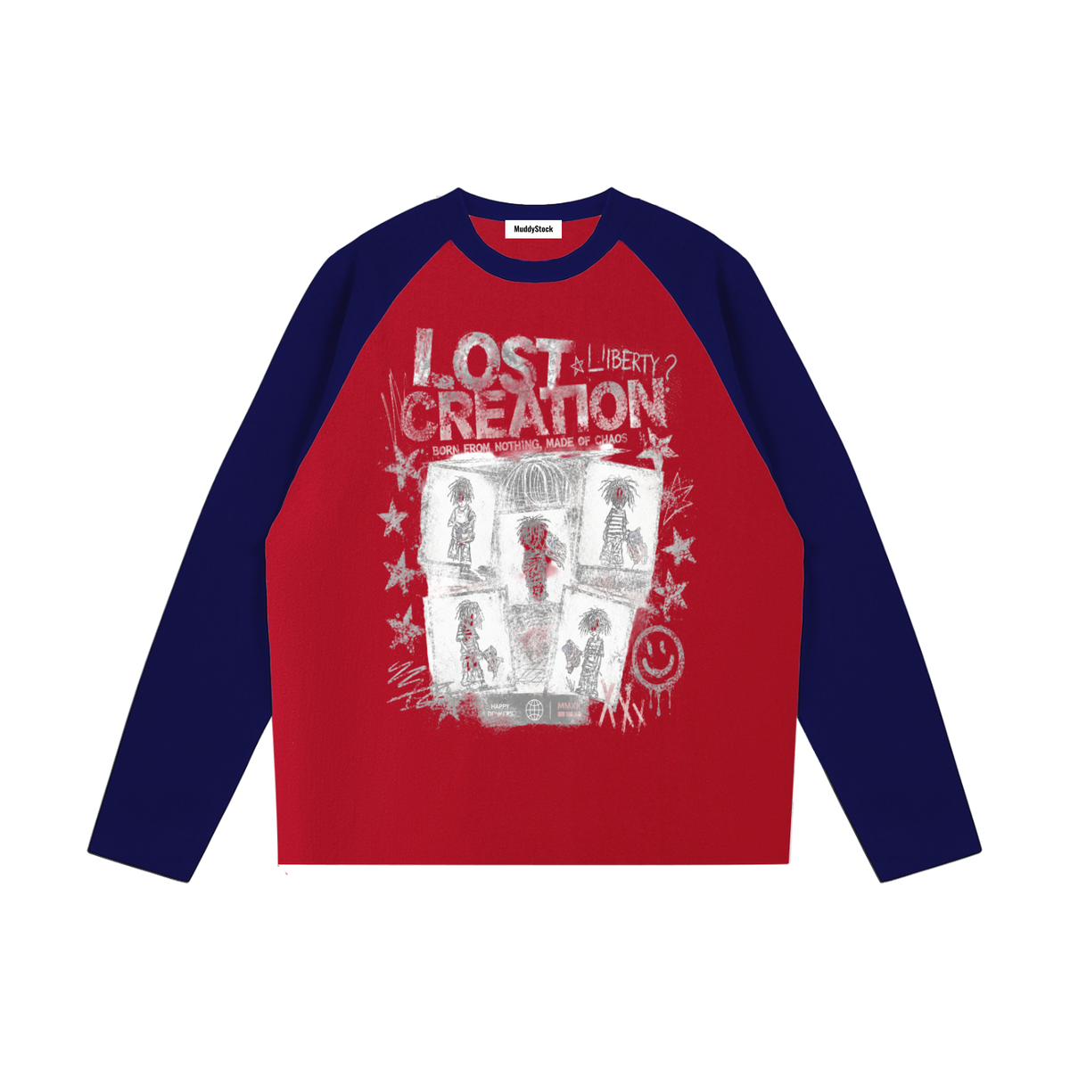 Color-Blocked Raglan Long-Sleeve T-Shirt For Women | MuddyStock Originals Red with Navy Blue