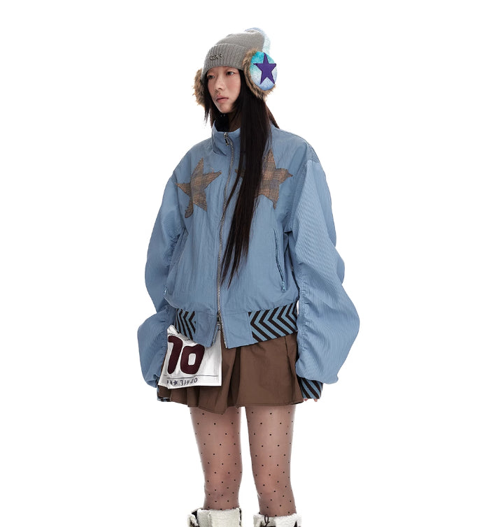 Stand Up Collar Splicing Double Zipper Women's Jacket