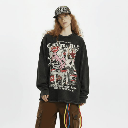 Cotton Washed And Worn Loose Long Sleeve Crew Neck T-shirt For Women null