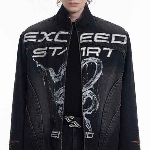 Hand-painted Snake Pattern Denim Coat For Men null