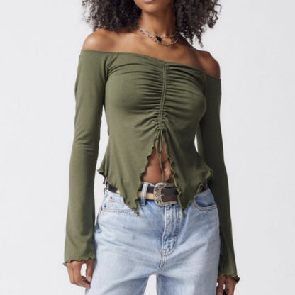 Off-the-shoulder Long Sleeve Top For Woman Army green All Products
