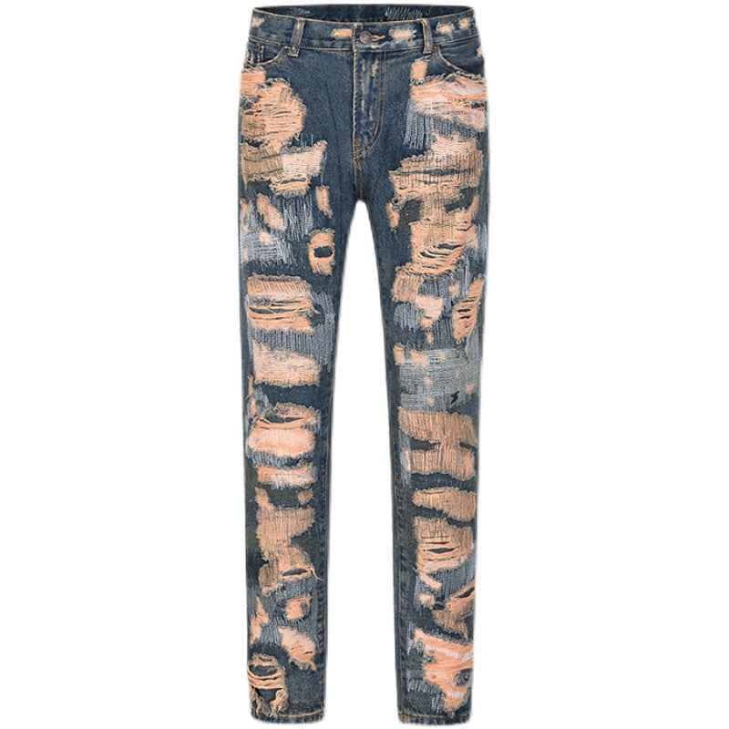 High Street Retro Washed Straight Hole Blasted Street Jeans For Men
