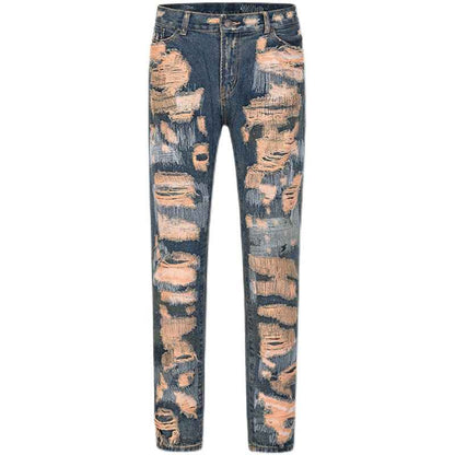 High Street Retro Washed Straight Hole Blasted Street Jeans For Men
