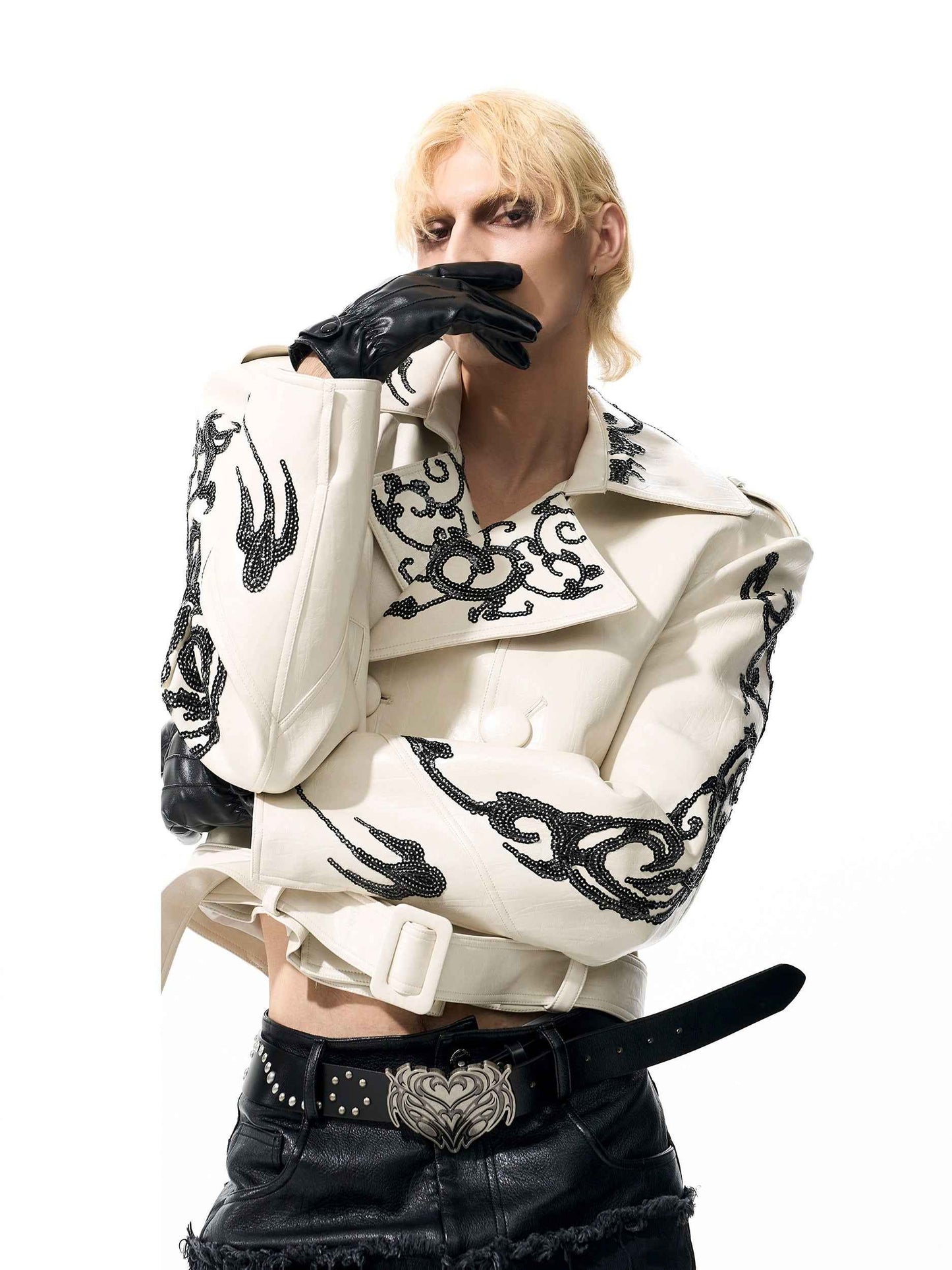 Sequins Cropped Leather Coat For Men And Women null