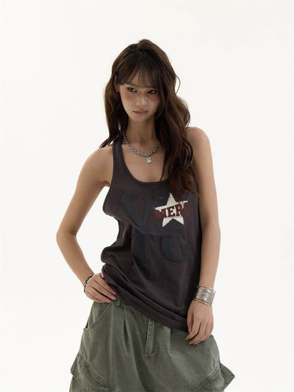 Women's Design Wine Red Printed Sleeveless Vest Dark Grey MuddyStock