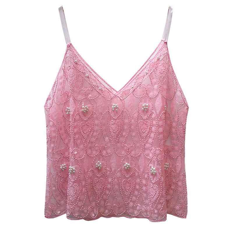 Heavy Embroidery Sequins Vest Shiny Small Sling For Women Pink Free Size MuddyStock