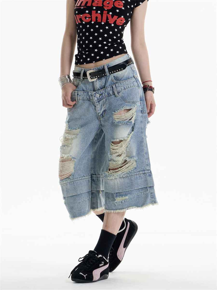 Ripped Denim Cropped Pants For Women