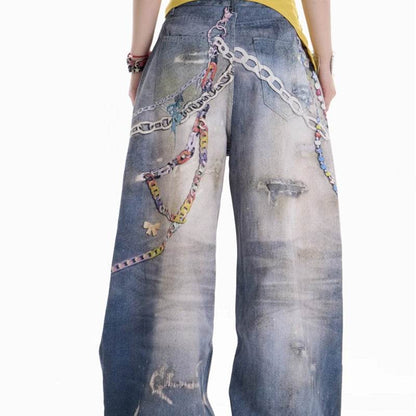 American Retro Cartoon Chain Printed Jeans For Women MuddyStock