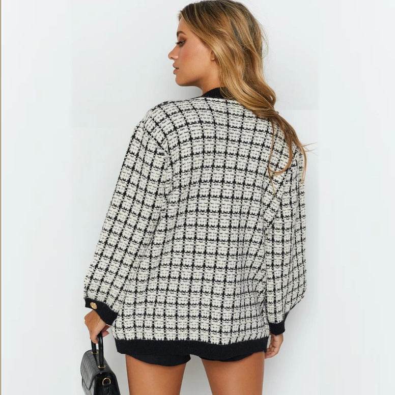 Knitted Jacket Women's Cardigan Plaid Loose Thickening Small Fragrance Style Foreign Style MuddyStock