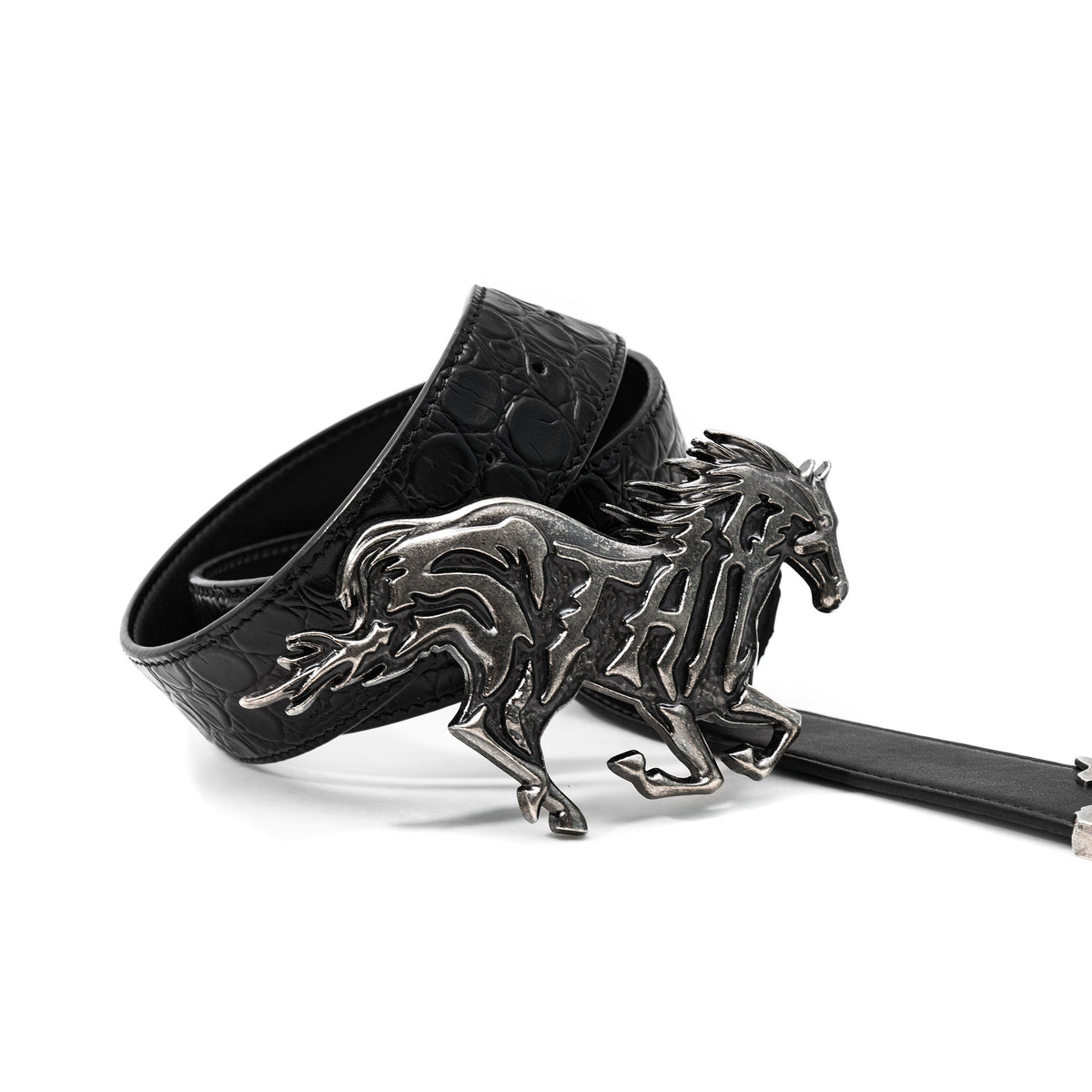 Textured Embossed Full-grain Leather Belt Silver