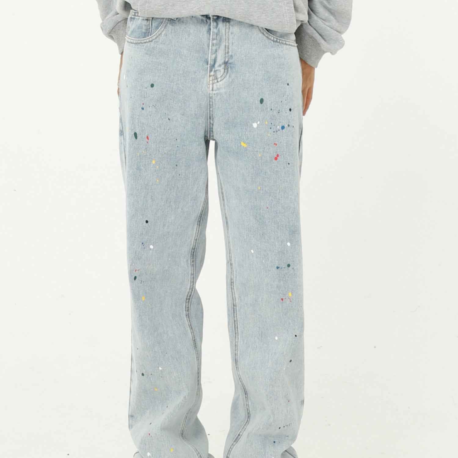 Paint Splash Blue Straight Loose Jeans For Men MuddyStock