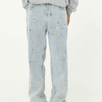 Paint Splash Blue Straight Loose Jeans For Men MuddyStock