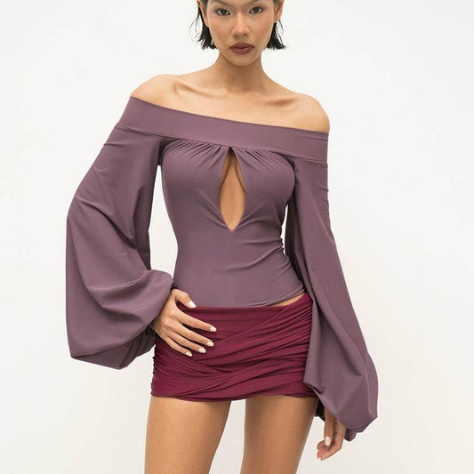 European And American-style Off-neck Lantern Sleeve Hollow-out Top For Women MuddyStock