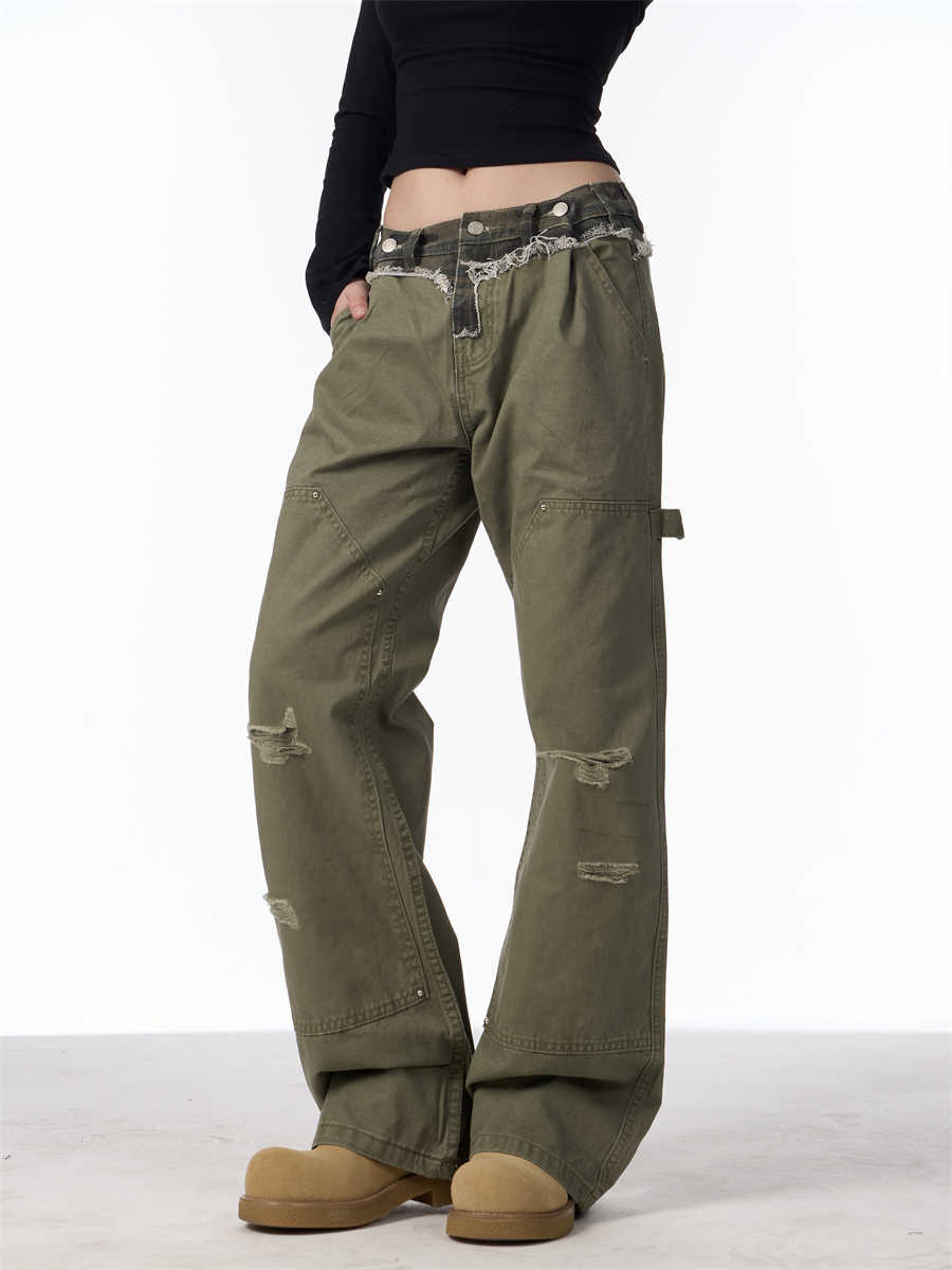 Ripped Cargo Jeans Straight Logging Casual Trousers Green MuddyStock