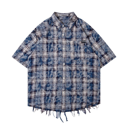 American Tie-dye Short Sleeve Plaid Shirt For Women MuddyStock