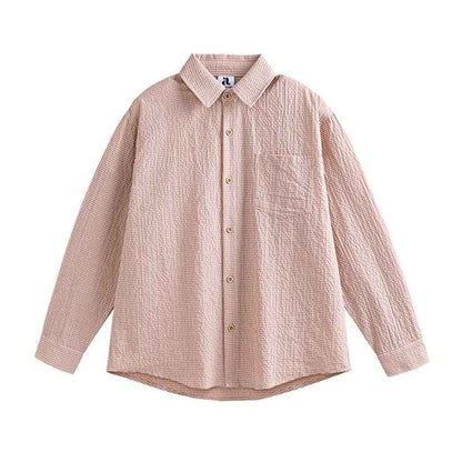Bubble Texture Plaid Long Sleeve Shirt For Men Pink Plaid null