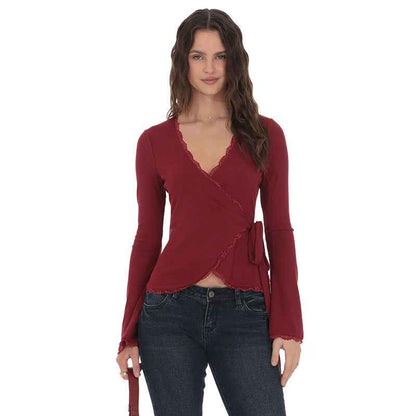 New Deep V-neck Cross-front Tie Lace Trim Top For Women MuddyStock