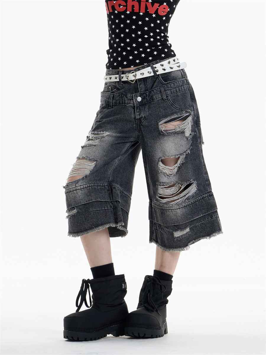 Ripped Denim Cropped Pants For Women