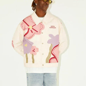 Original Spring Flowers Trend Loose Printed Jacket For Men And Women Beige