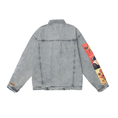 Loose Denim Jacket With Printed Sleeve For Women null