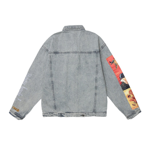 Loose Denim Jacket With Printed Sleeve For Women MuddyStock null