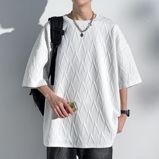 Mid-sleeve Bottoming Shirt Men's Round Neck Jacquard Solid Color Plus Size T-shirt