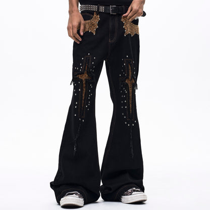 Men's Cropped Denim Jeans With Cross And Leopard Print Paneling Black All Products