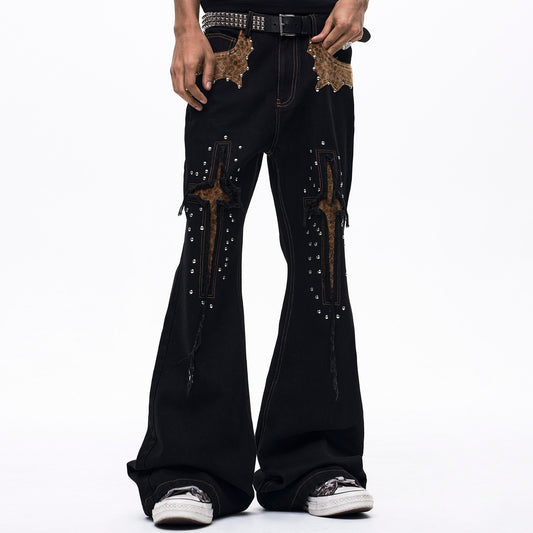 Men's Cropped Denim Jeans With Cross And Leopard Print Paneling Black All Products
