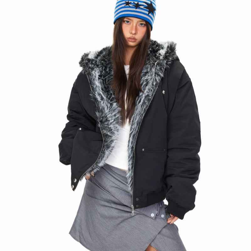 Fur Collar Hooded Cotton Jacket For Women Black
