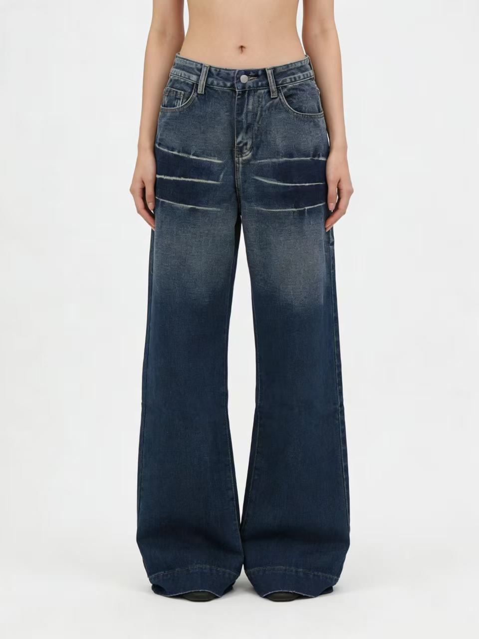Washed Gradient Casual Straight Leg Womens Jeans Retro Blue