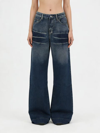 Washed Gradient Casual Straight Leg Womens Jeans Retro Blue