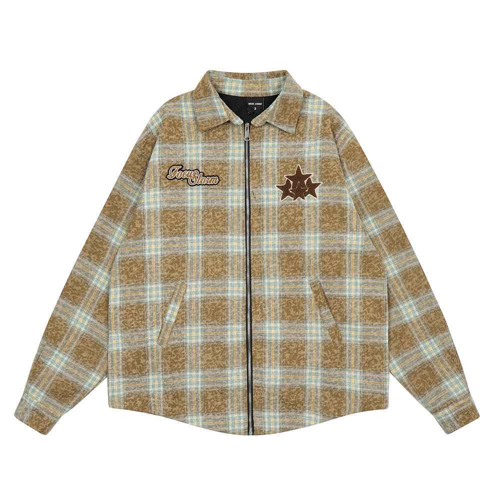 Washed And Worn Plaid Jacket Shirt For Men and Women null