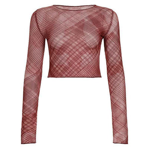 Check Mesh Outerwear Lightweight See-through Top Red