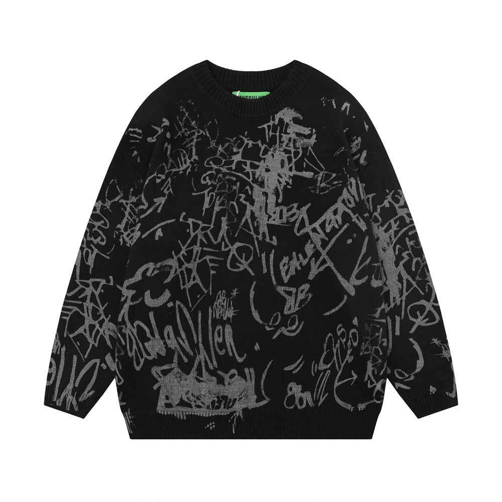 Men's Graffiti Printed Round Neck Sweater Black MuddyStock null