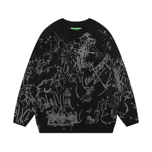 Men's Graffiti Printed Round Neck Sweater Black null