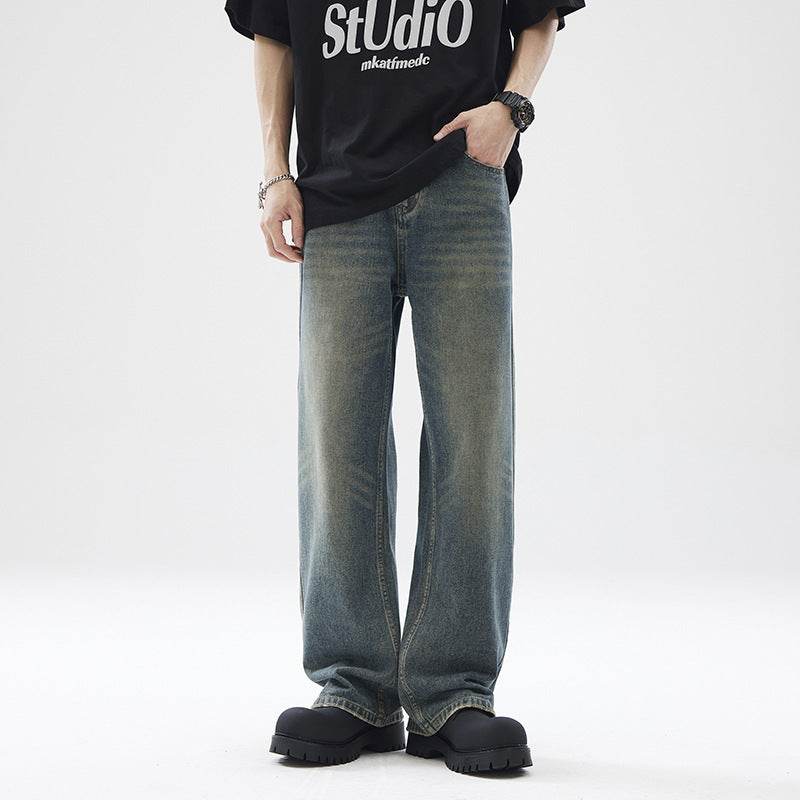 Washed Distressed Loose Jeans For Men Retro Blue MuddyStock