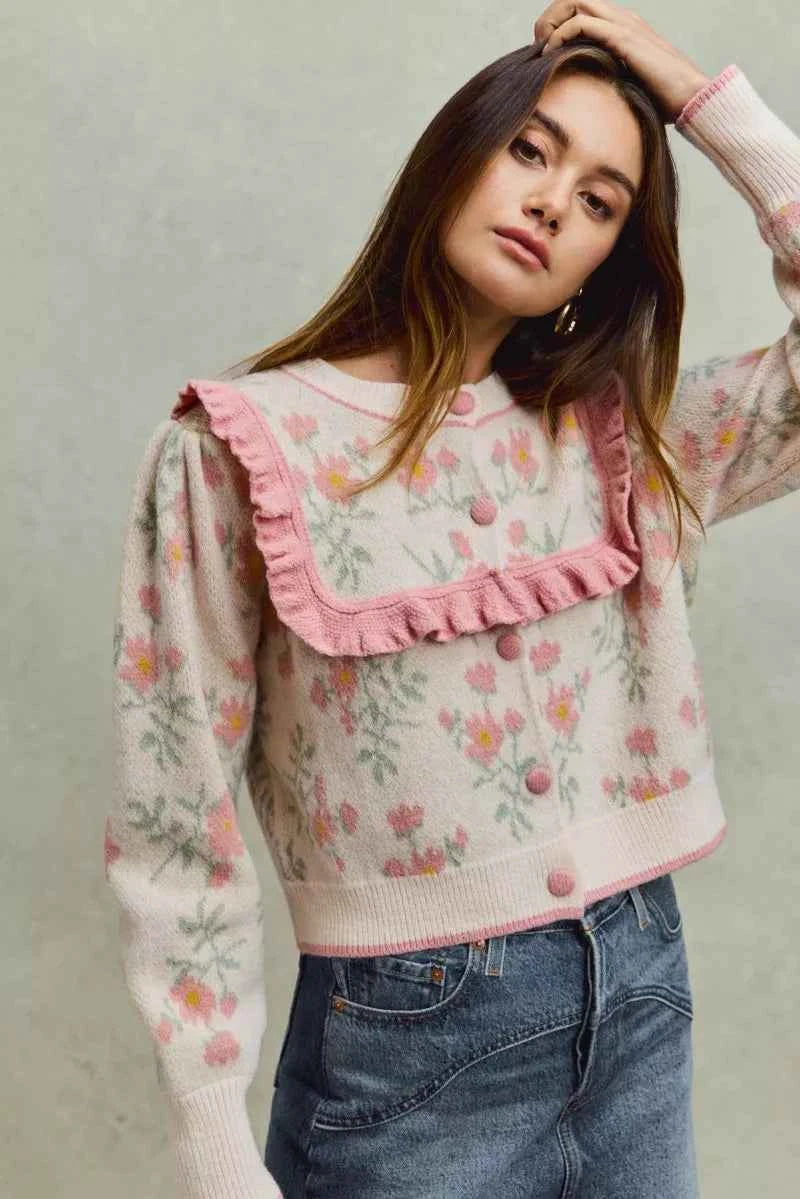 Flower With Ruffle Detailing Sweater Cardigan For Women Trendsi
