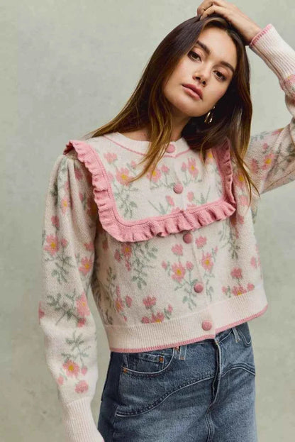 Flower With Ruffle Detailing Sweater Cardigan For Women Trendsi