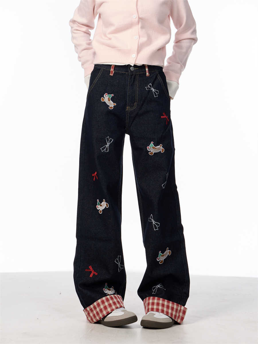 Vintage Bow Puppy Embroidered Wide Leg High Waist Jeans For Women MuddyStock