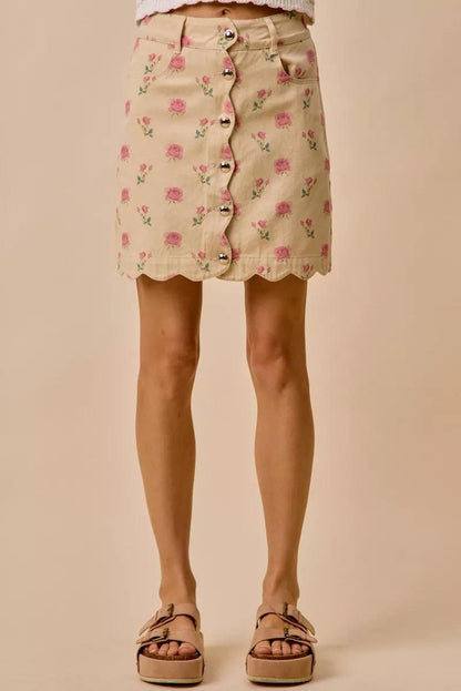Floral Rose Print Cotton Twill Scallop Mini Skirt