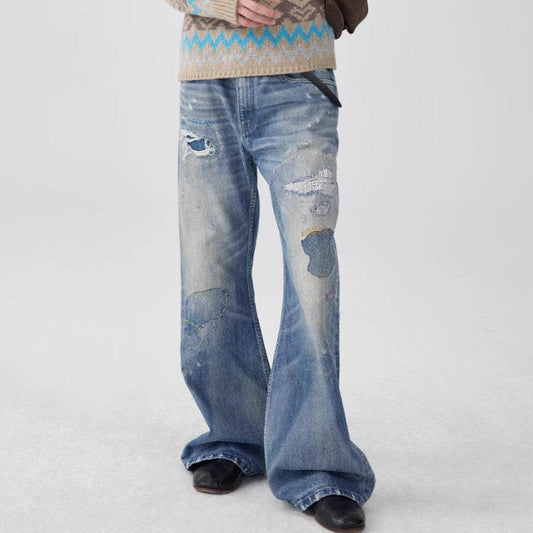 Washed Blue Patch Color Wire-track Flared Jeans For Men And Women MuddyStock