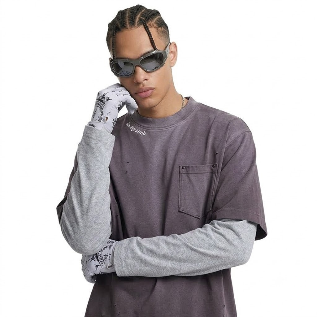 Washed Distressed Printed Faux Two-Piece Loose Long Sleeve T-Shirt For Men