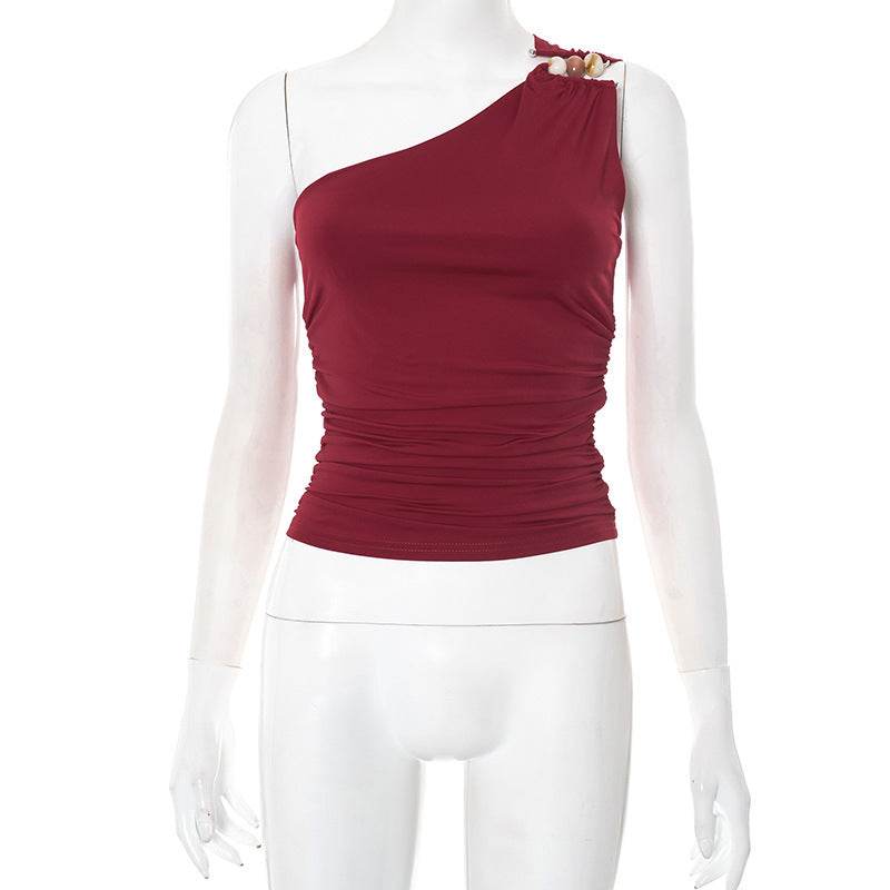 One-shoulder Knitted Vest Wine Red MuddyStock